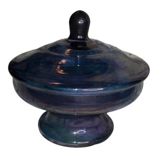 Early Mid-Centuty Blue Italian Glass Lidded Decorative Catchall Jar For Sale