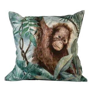16" Square Decorative Toss Pillow Embellished With a Playful Young Orangutan /Monkey in the Jungle - Made in the U K
