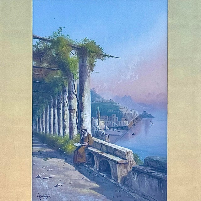 Antique Giovanni Battista Italian Gouache Seascape Painting of Amalfi Coast, Signed & Framed For Sale - Image 4 of 9