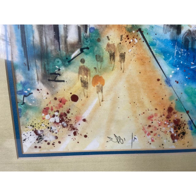 Blue Vintage City and Seaside Watercolor Framed Original Signed Painting For Sale - Image 8 of 9