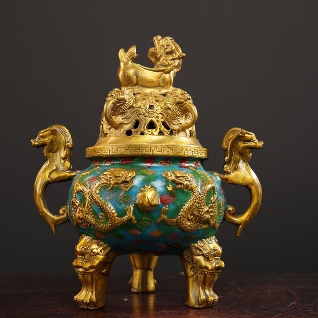 Late 20th Century Late 20th Century Cloisonné Enamel Dragon Censer With Gilt Guardian Lion Finial For Sale - Image 5 of 10