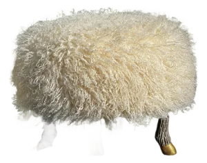Ottoman Footstool: 1 Round Stool Hand Carved Faux “Sheep” Legs, W/ Gilt Hand Applied Finish. Made to Order in Los Angeles by Everage Design Workshop.