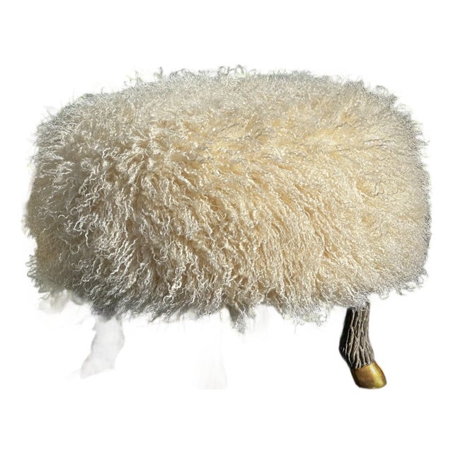 Ottoman/ Footstool: 1 Stool W/Carved Faux “Sheep” Legs and Faux “Lamb” Upholstery / Hand Gilded Legs. Made in Los Angeles by Everage Design Workshop. For Sale