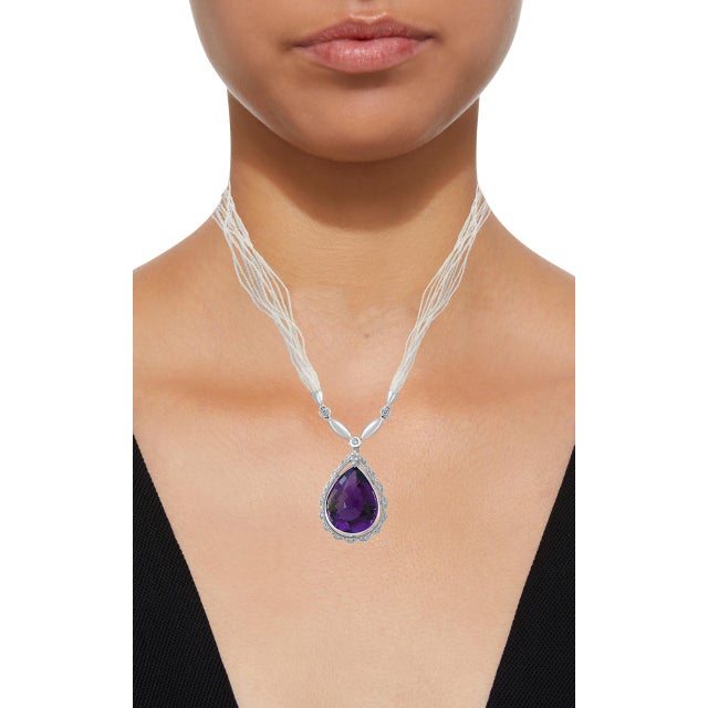 54 Carat Tear Drop Amethyst and Diamonds with Seed Pearl Necklace 18 Karat Gold For Sale - Image 11 of 18