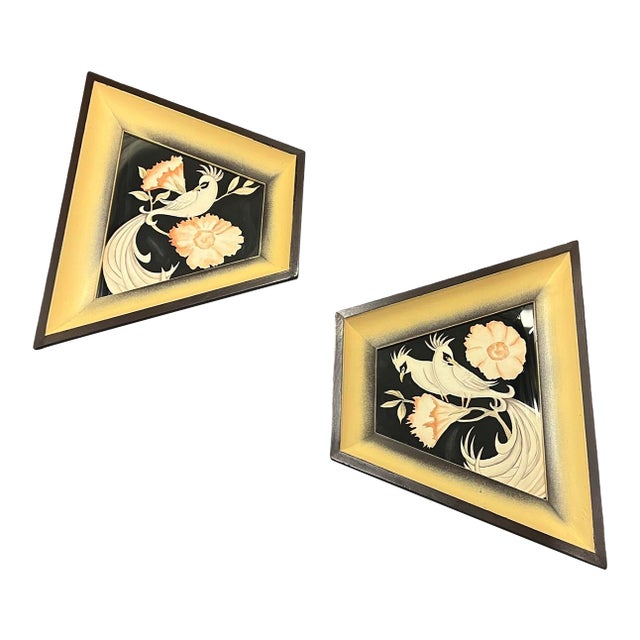 Vintage Art Metalcraft Studios Hollywood 1950s Attributed to Carlo Mid Century Modern Wall Art Atomic Kitsch Pair Paintings Birds Flowers For Sale