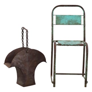 Vintage Brutalist Iron Basket With Twisted Handle For Sale