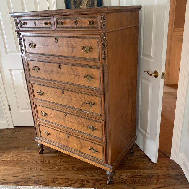 1940s 1920s French Louis XVI Style Tall Chest With Book Matched Walnut Veneer and Brass Accents For Sale - Image 5 of 9