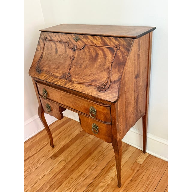Antique French Provincial Tiger Maple Slant-Front Secretary Desk For Sale - Image 11 of 13