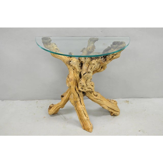Vintage Mid Century Modern Natural Burl Driftwood Root Wood Thick Demilune Glass Top Console Table. Circa Mid 20th...