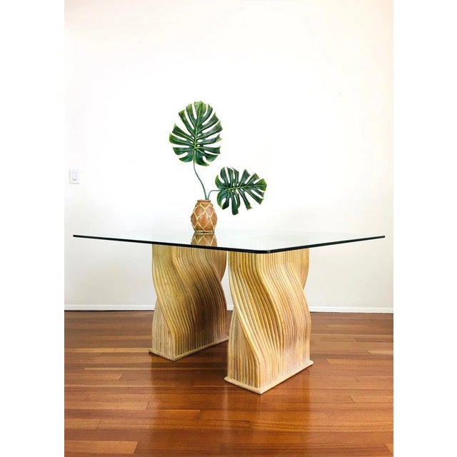 Vintage McGuire Rattan Dining Table 2 piece pedestal base made of rattan with slight twist in the design natural tone with...