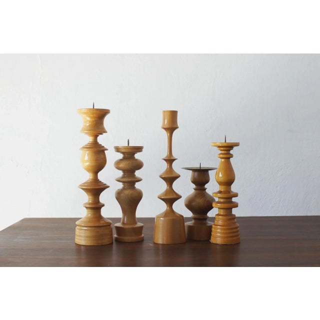 Scandinavian Wooden Candleholders, Set of 5 For Sale - Image 4 of 4