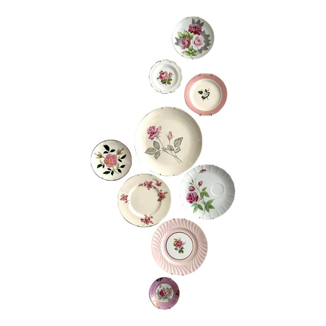 Vintage Soft Pink Floral Motif Wall Plate Curation - Group of 9 For Sale