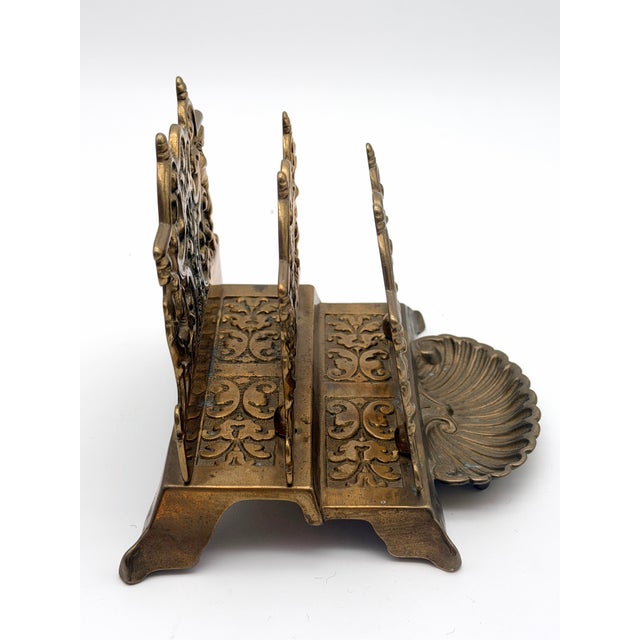 Antique Ornate Brass 2-Slot Desktop Letter Rack With Shell Dish Tray For Sale - Image 4 of 8