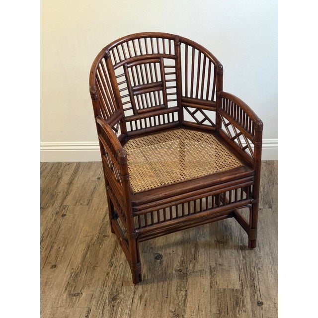 English 1970s Brighton Pavilion Style Bamboo Rattan Cane Armchair For Sale - Image 3 of 7