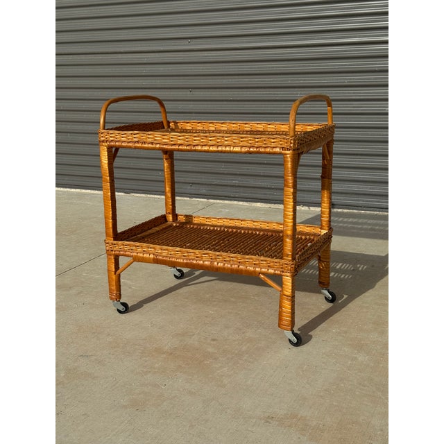 C. 1970s Mid Century Modern Italian Franco Albini Style Rolling Bamboo Bar Cart For Sale - Image 9 of 11