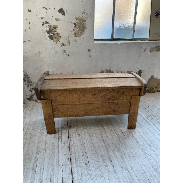Old shepherd's chest in solid beech, completely carved with very graphic patterns by hand. this piece of popular art from...