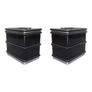 Jay Spectre Nightstands in Black Lacquer and Brushed Chrome Plinth - Pair For Sale