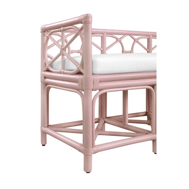 Worlds Away Feguson Pink Rattan Linen Cushioned Bench For Sale - Image 4 of 7