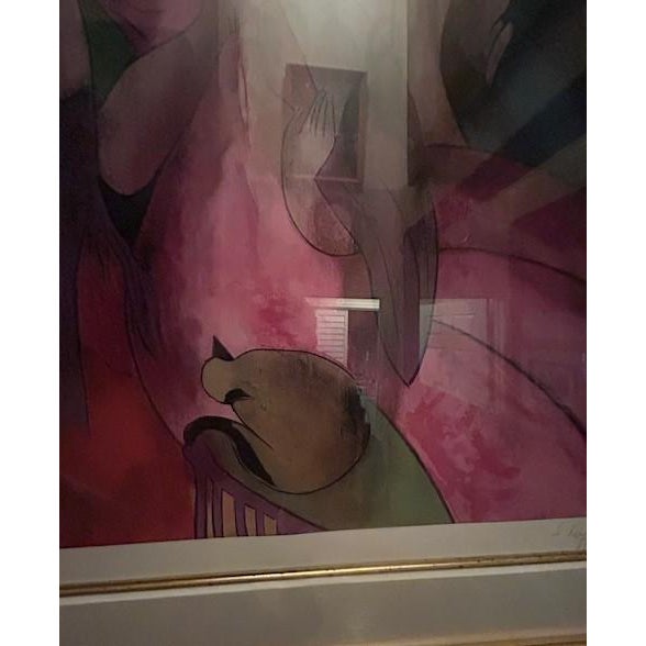 Art Deco Vintage Framed "L'Éventail" Portrait of Couple by Linda Le Kinff in Gold Frame For Sale - Image 3 of 6