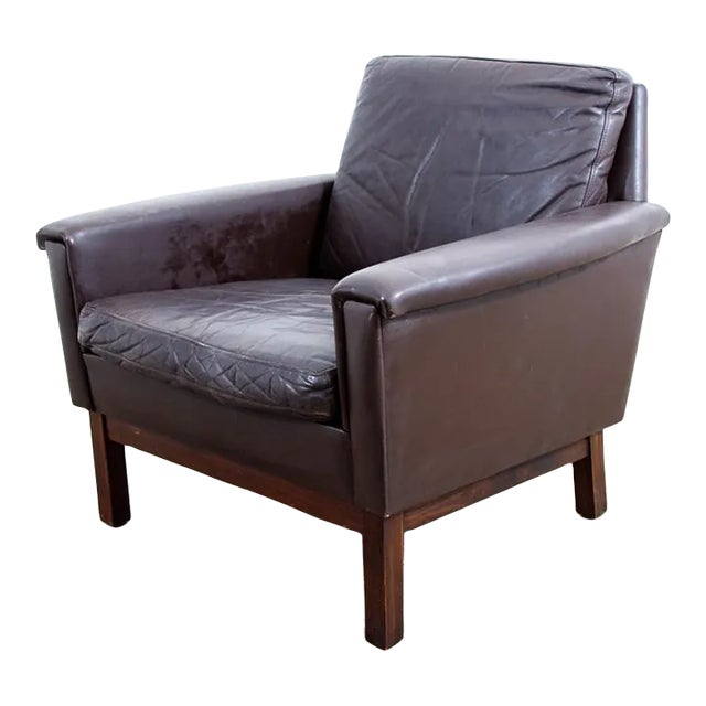 1960s Mid Century Danish Modern Lounge Chair Brown Leather Armchair Denmark Wood Frame For Sale
