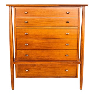 Restored 1950s Mount Airy Walnut & Brass Sculptural Mid Century Highboy Dresser, Attributed For Sale