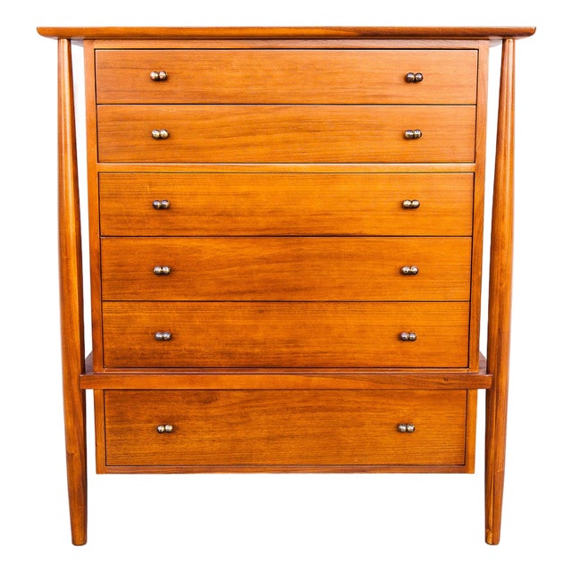 Restored 1950s Mount Airy Walnut & Brass Sculptural Mid Century Highboy Dresser, Attributed For Sale