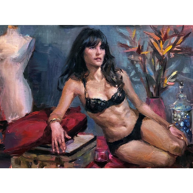 Bon Voyage depicts a figure reclining in a moment of contemplation, surrounded by vibrant colors and textures that create...