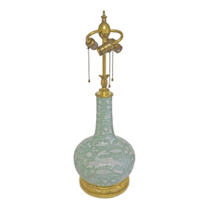 19th Century Celadon French Ormolu Bronze Mount Pate Sur Pate Floral Slip Decor Qing Dynasty Table Lamp
