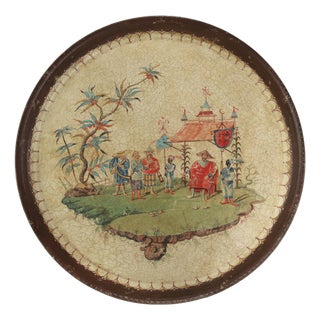 Vintage Hand Painted Chinoiserie Tole Tray Cream Lacquer With Figurative Oriental Scene For Sale