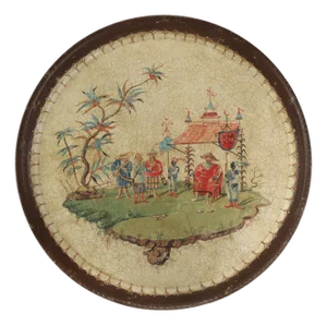 Vintage Hand Painted Chinoiserie Tole Tray Cream Lacquer With Figurative Oriental Scene