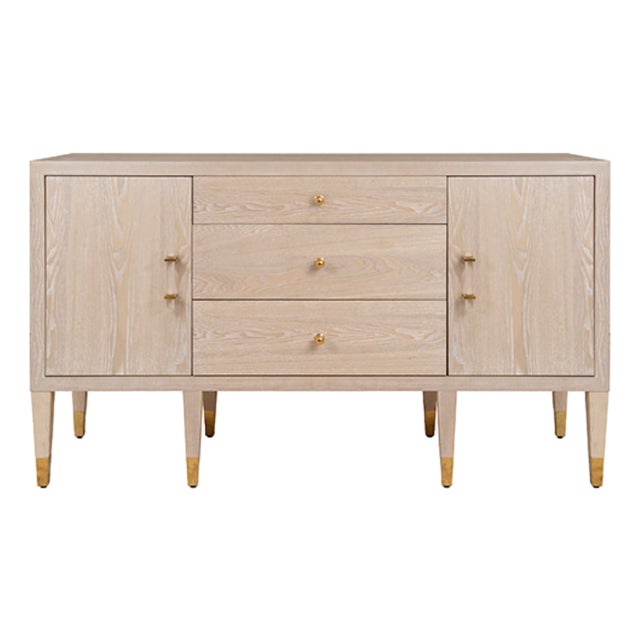 Matthew Izzo Home Amherst Cerused Oak Three Drawer, Two Door Buffet With Brass Hardware For Sale
