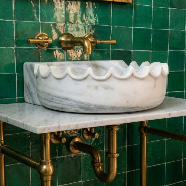 2020s White Marble Scalloped Wall Mounted Sink, Handcrafted Luxury Stone Bathroom Vanity Basin For Sale - Image 5 of 9