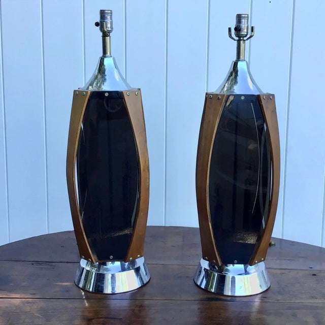 Mid Century Modern Walnut and Smoked Acrylic Paneled Lamps- a Pair For Sale - Image 9 of 10
