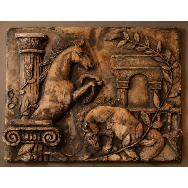 Hollywood Regency 1970s Neoclassical Terracotta Wall Relief Plaque With Horses & Classical Columns For Sale - Image 3 of 11
