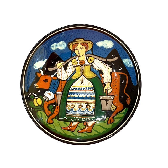 1990's Swiss Folk Art Pottery Charger - Milk Maid - Hans Schneider Steffisburg For Sale - Image 10 of 10