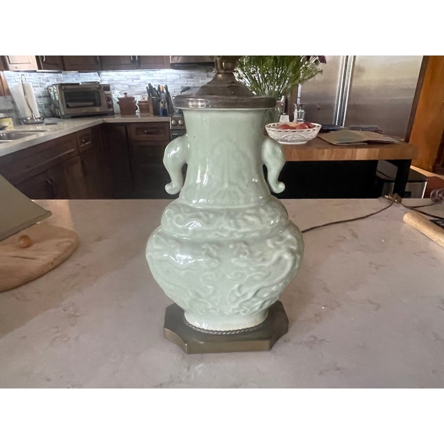 Antique Japanese Celadon Elephant Lamp With Rh Silk Shade For Sale - Image 4 of 6