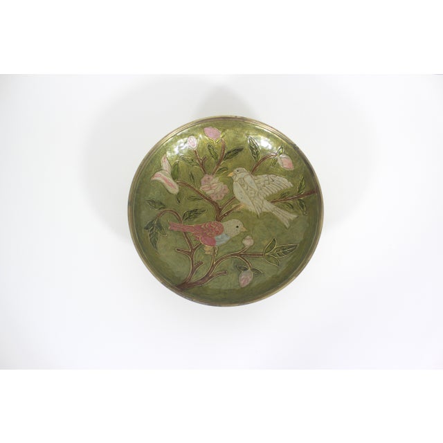 Vintage Enamelled Brass Pedestal Bowl Hand Painted Enamel Birds and Flowers Green Pink For Sale - Image 4 of 13