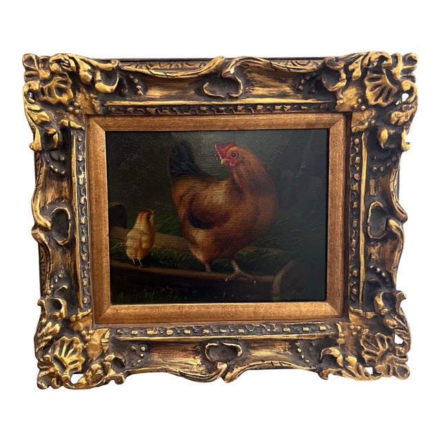 Mid 20th Century Brown Rooster Painting in Ornate Gold Frame For Sale