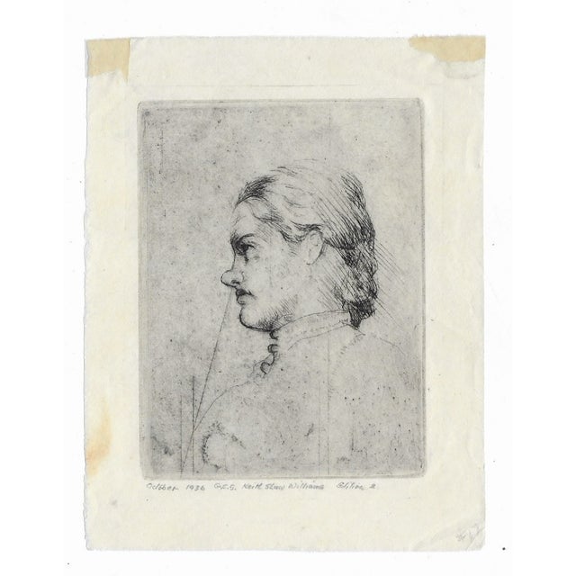 Miniature etching by Keith Shaw Williams (1906-1951), portrait of a lady in profile, pencil signed and dated October 1936....