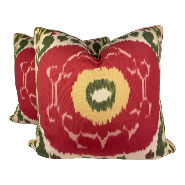 Schumacher "Samarkand Ikat" in Watermelon 22" Pillows-a Pair For Sale