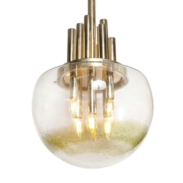 Metal Mid-Century Modern Brass & Hand Blown Translucent/ Topaz Murano Glass Chandelier For Sale - Image 7 of 12