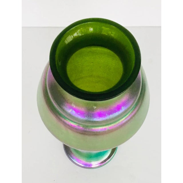 Modern Vintage 1930’s Green Iridescent Kralik Czech Art Glass Vase For Sale - Image 3 of 5