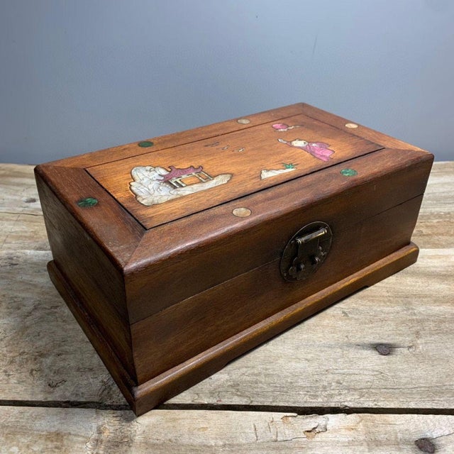 Chinoiserie Vintage Chinese Pear Wood Jewelry Box, Mother of Pearl Inlay Landscape & Figure Scene, Chinoiserie Storage Chest For Sale - Image 3 of 9