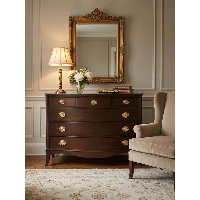 This vintage elegant piece features a rich, deep mahogany (or mahogany-veneer) finish with a warm, lustrous glow that...