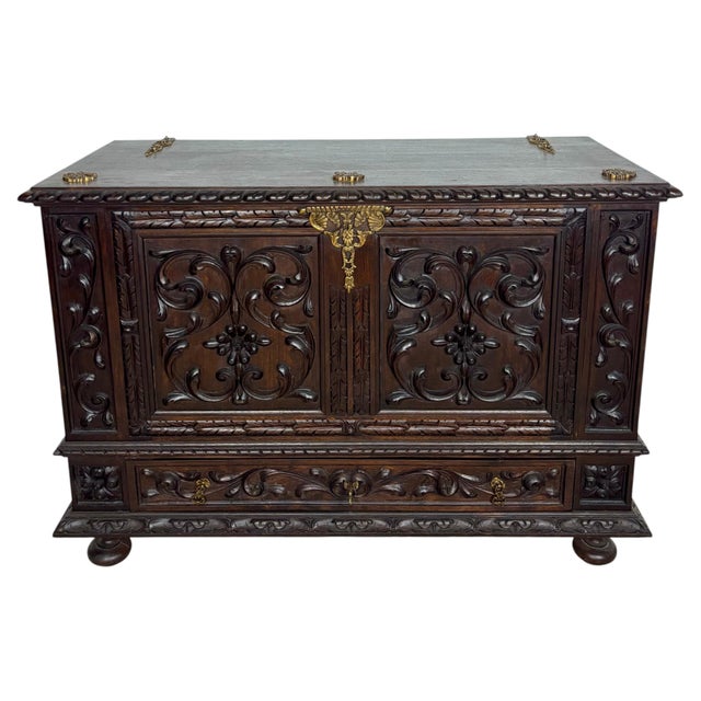 1930s Spanish Carved Blanket Chest, Renaissance Revival Style For Sale - Image 9 of 16
