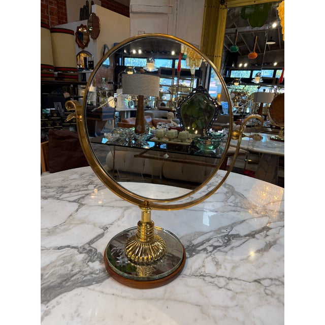 Vintage Brass Vanity Mirror With Etched Glass Base and Wood Trim For Sale - Image 9 of 10