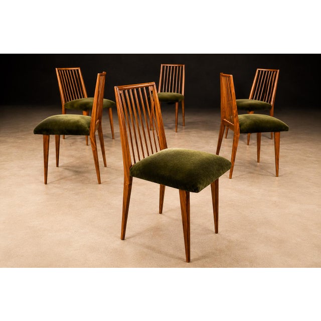 Textile Rare Set of Six Dining Chairs by Joaquim Tenreiro in Caviúna Wood & Olive Green Mohair, Brazil, 1950s For Sale - Image 7 of 16