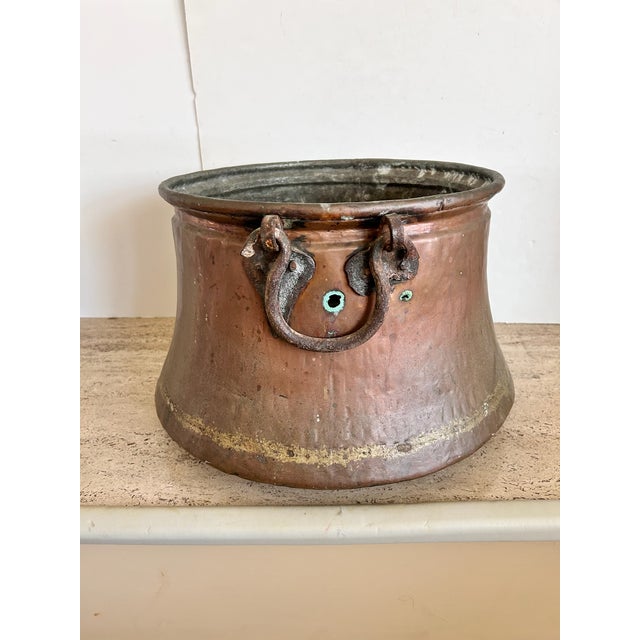 Antique Hand-Hammered Copper Cauldron With Iron Handles For Sale - Image 12 of 16