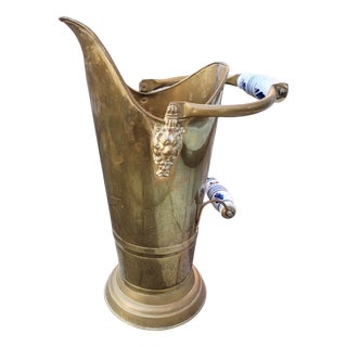 Antique Dutch Brass Umbrella Stand with Delft Blue Ceramic Handles, Netherlands, 1890 For Sale