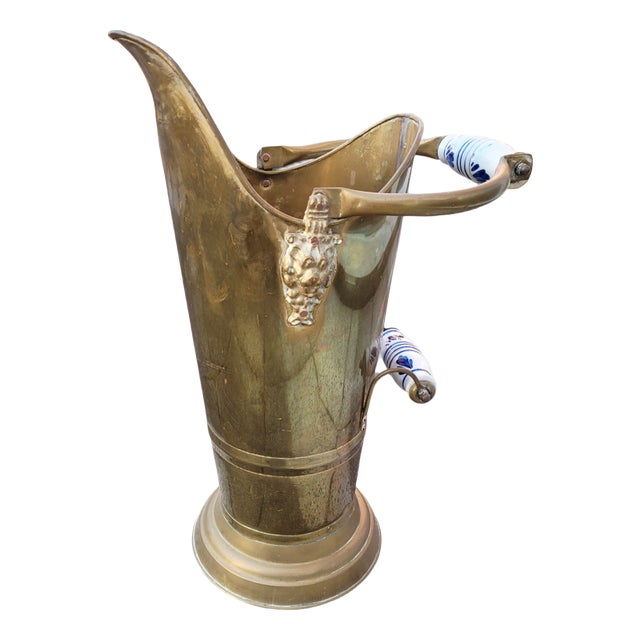 Antique Dutch Brass Umbrella Stand with Delft Blue Ceramic Handles, Netherlands, 1890 For Sale